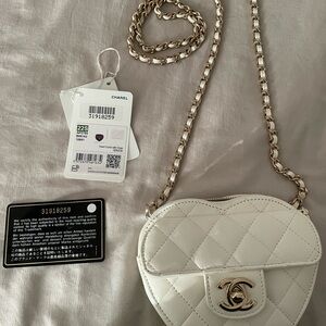 Chanel 22S Mini White Quilted Heart Crossbody Bag with Gold Chain